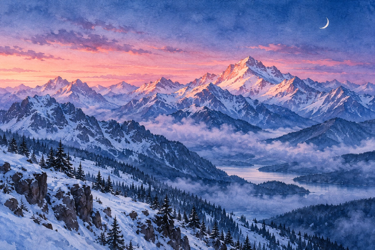 Creste nell'ora blu | Stampa su tela panorami acquerello