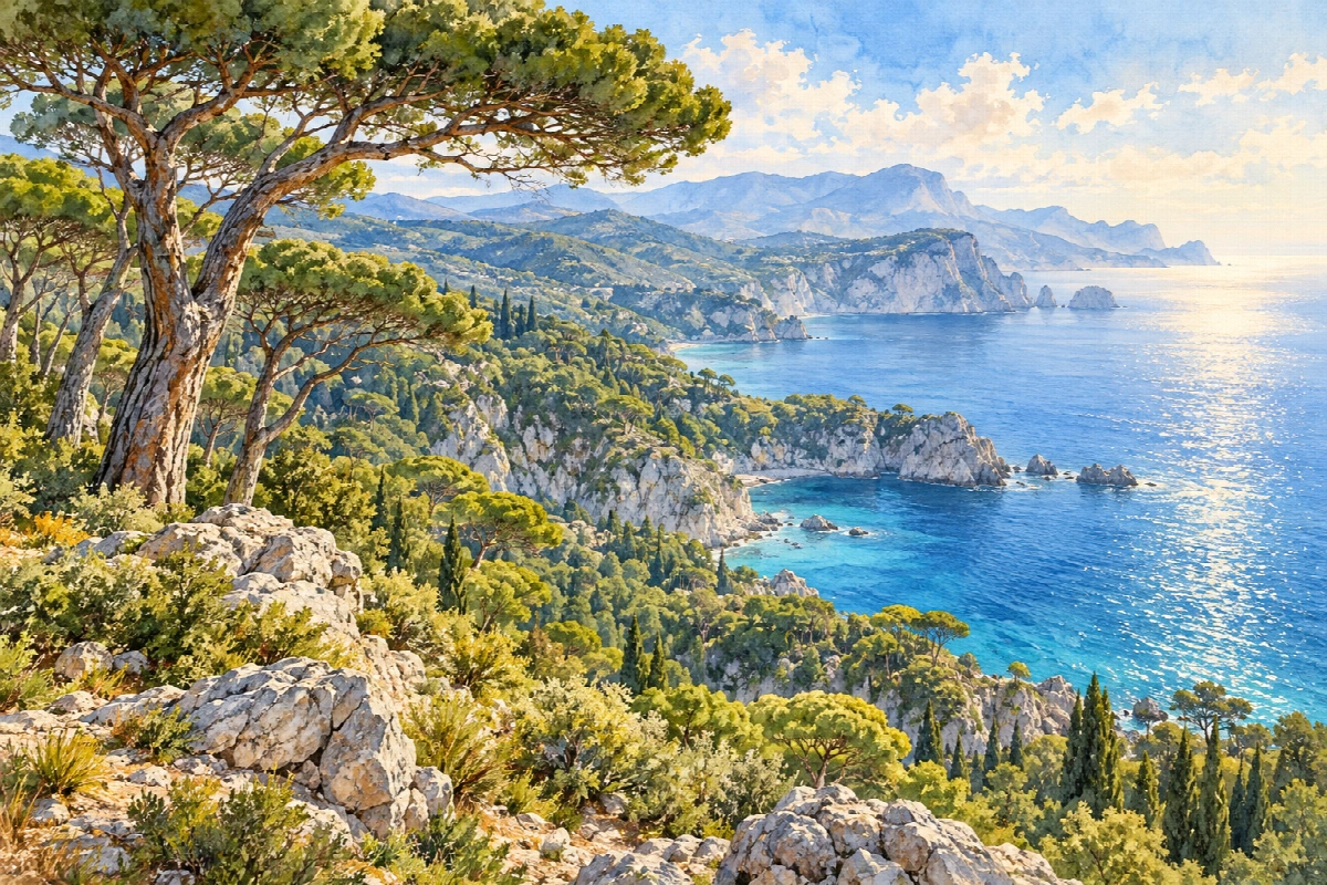Pineta sulle falesie | Stampa su tela panorami acquerello