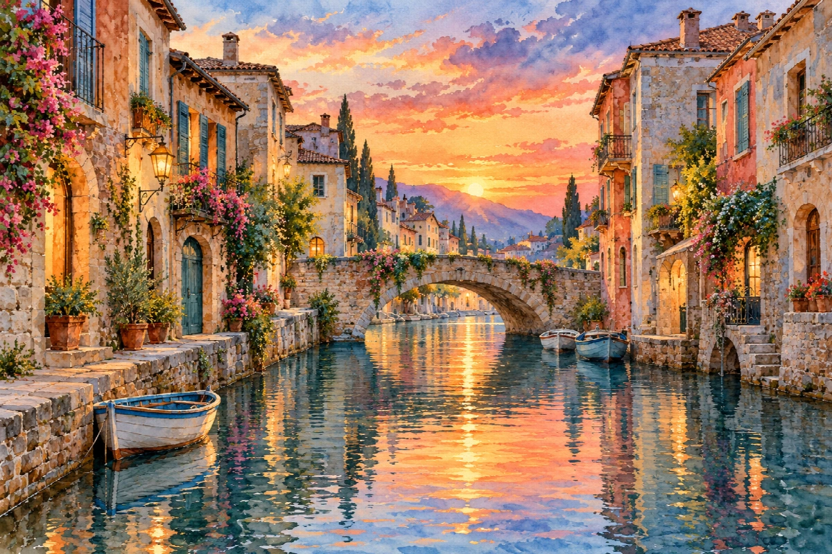 Canale al tramonto | Stampa su tela panorami acquerello