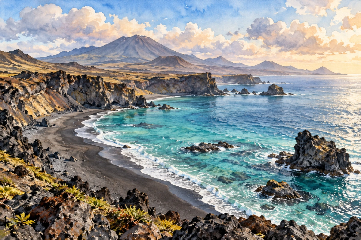 Baia vulcanica | Stampa su tela panorami acquerello