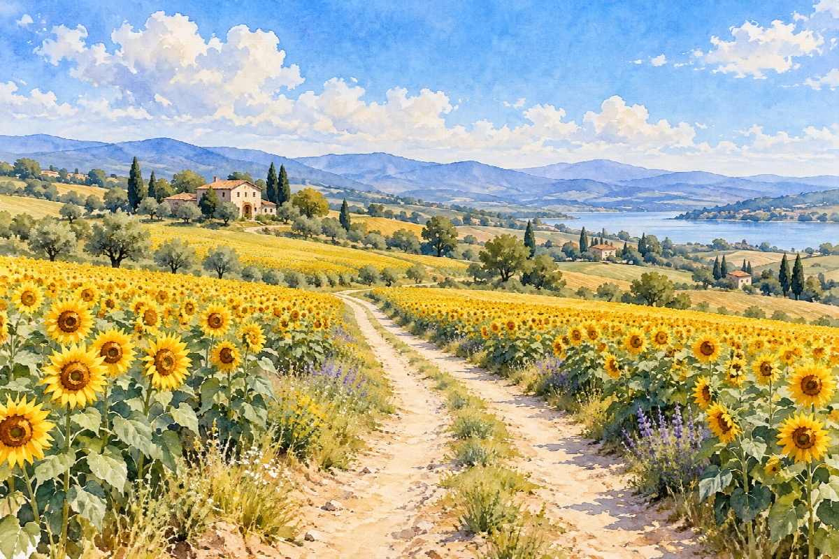 Sentiero dei girasoli | Stampa su tela panorami acquerello