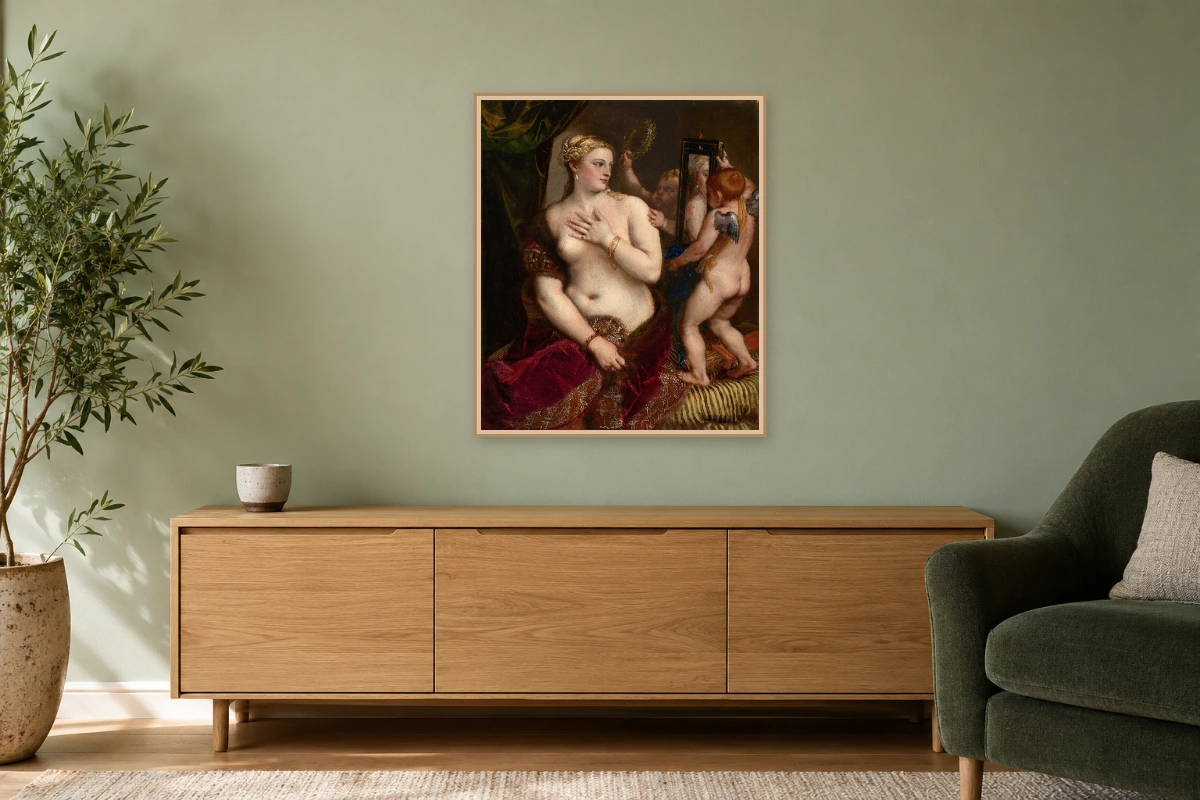 Venere allo specchio - stessa opera in ambiente realistico soggiorno; cornice e telaio non inclusi