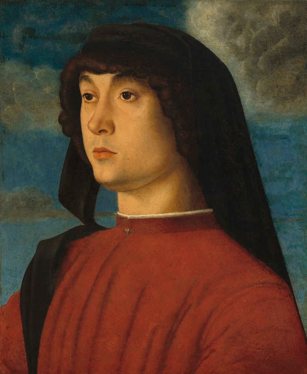 Ritratto di giovane in rosso - immagine completa della stampa su tela