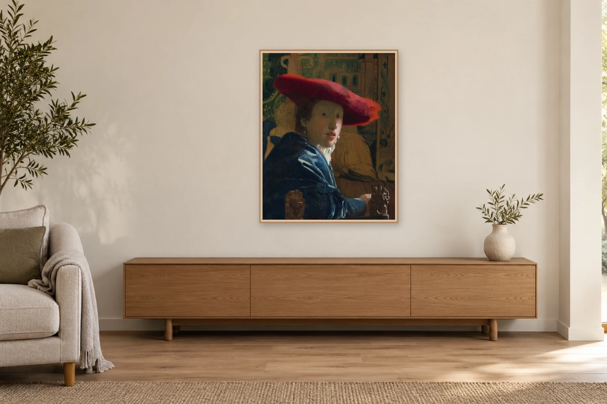 Ragazza con cappello rosso - stessa opera in ambiente realistico studio; cornice e telaio non inclusi