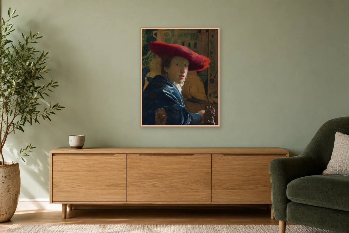 Ragazza con cappello rosso - stessa opera in ambiente realistico soggiorno; cornice e telaio non inclusi