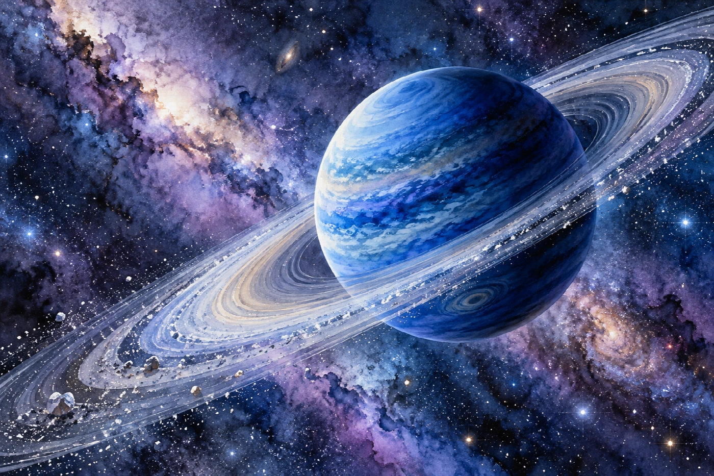 Gli anelli di Selene blu | Stampa su tela scenari spaziali acquerello