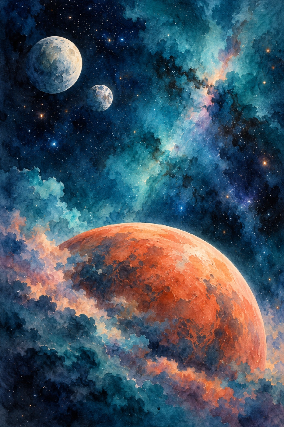 Due lune sopra il pianeta corallo | Stampa su tela scenari spaziali acquerello
