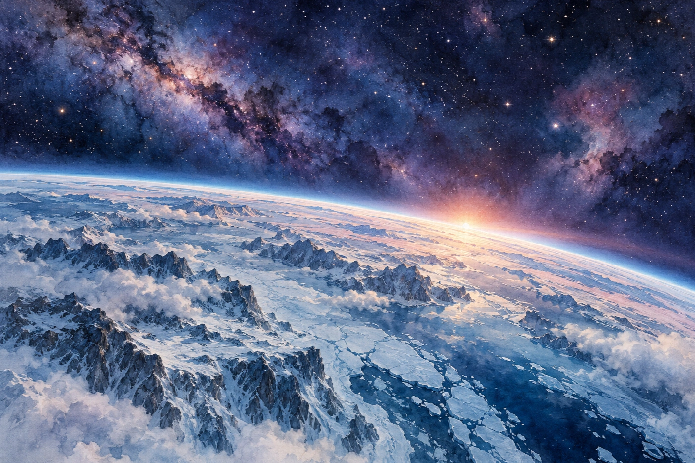 Alba su un mondo di ghiaccio | Stampa su tela scenari spaziali acquerello