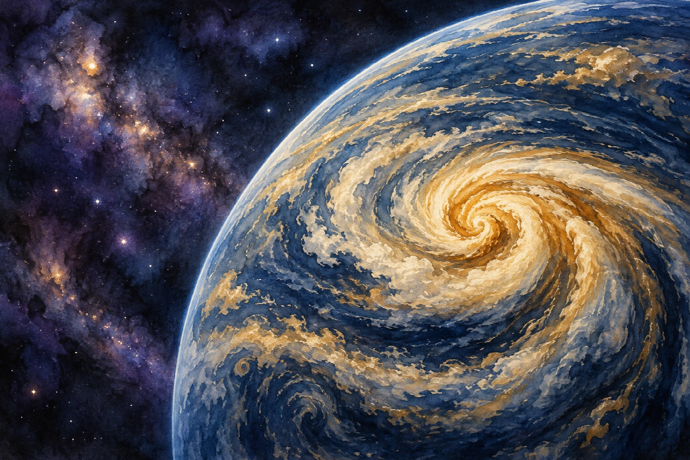 Il pianeta della tempesta dorata | Stampa su tela scenari spaziali acquerello