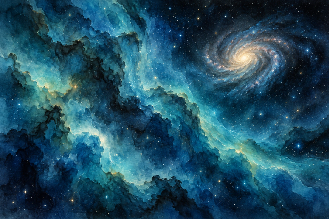 Galassia oltre il velo blu | Stampa su tela scenari spaziali acquerello