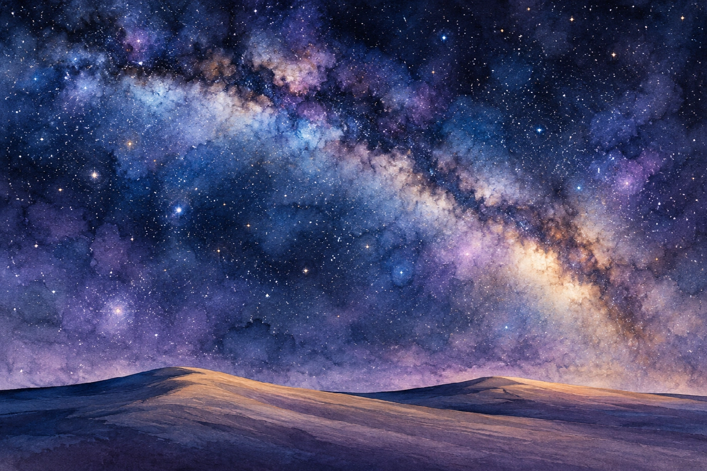 Notte di stelle sopra le dune | Stampa su tela scenari spaziali acquerello