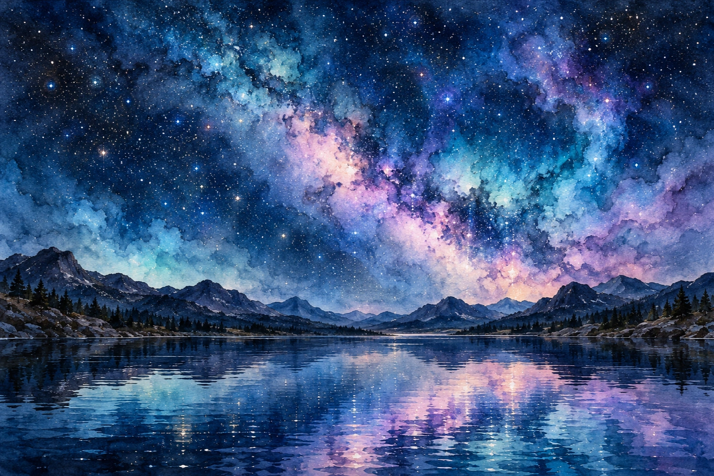 Il lago del cielo infinito | Stampa su tela scenari spaziali acquerello