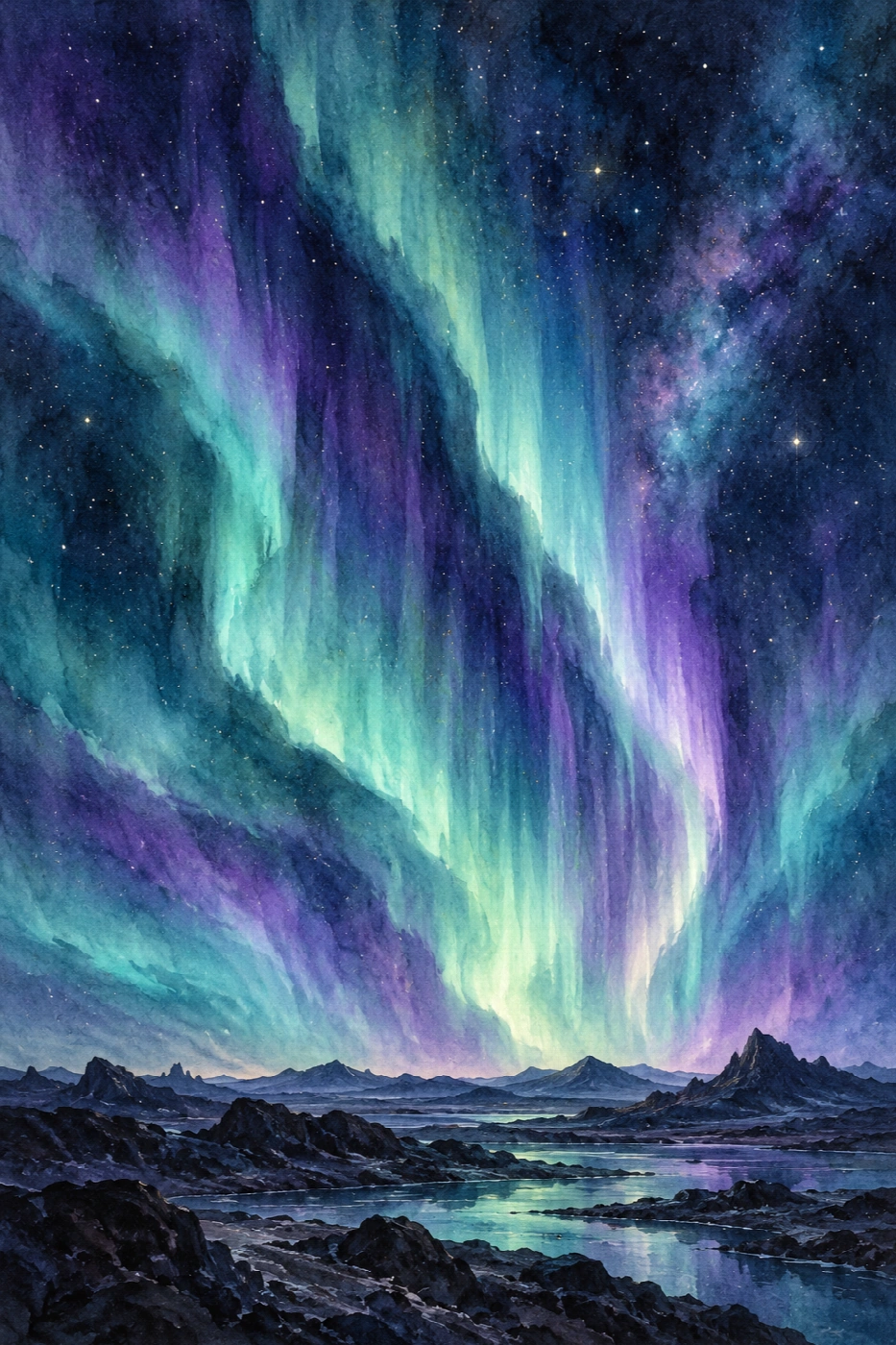 L’aurora del pianeta lontano | Stampa su tela scenari spaziali acquerello