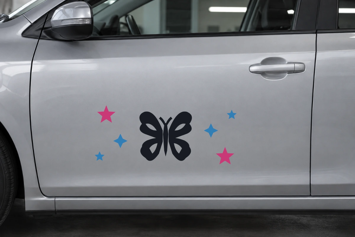 Farfalla Petalo - Costellazione | Adesivo tuning decorativo - simulazione fotografica di posa dello stesso disegno vettoriale, colori e proporzioni fedeli; scala ambientata indicativa