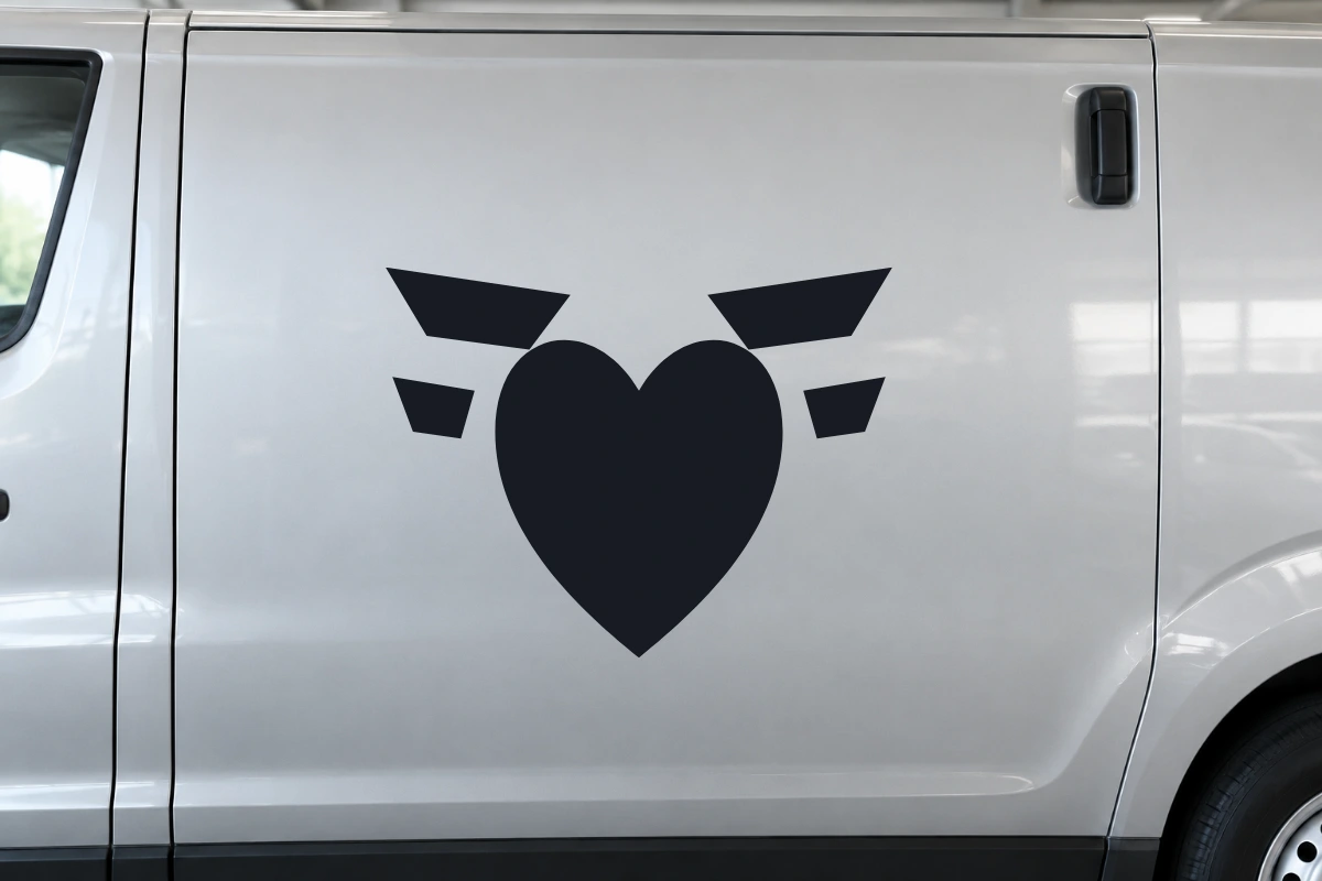 Cuore Volo - Essenziale | Adesivo tuning decorativo - simulazione fotografica di posa dello stesso disegno vettoriale, colori e proporzioni fedeli; scala ambientata indicativa
