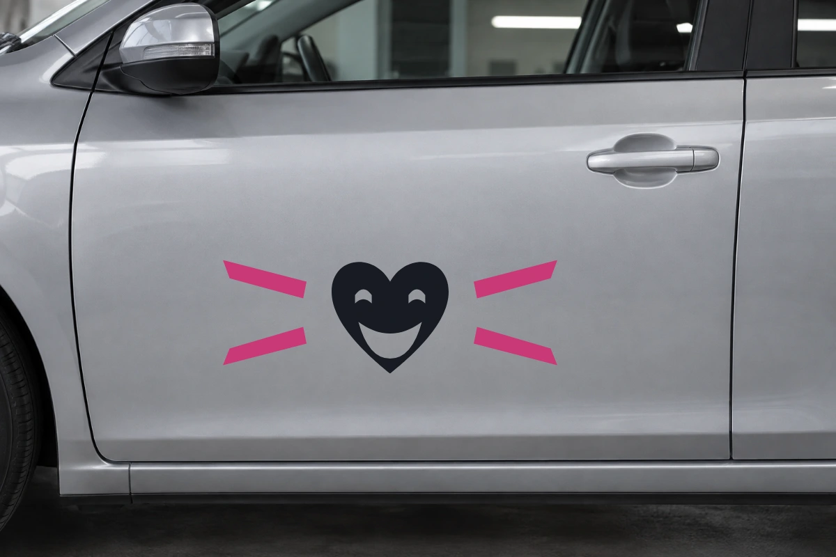 Cuore Sorriso - Vento laterale | Adesivo tuning decorativo - simulazione fotografica di posa dello stesso disegno vettoriale, colori e proporzioni fedeli; scala ambientata indicativa