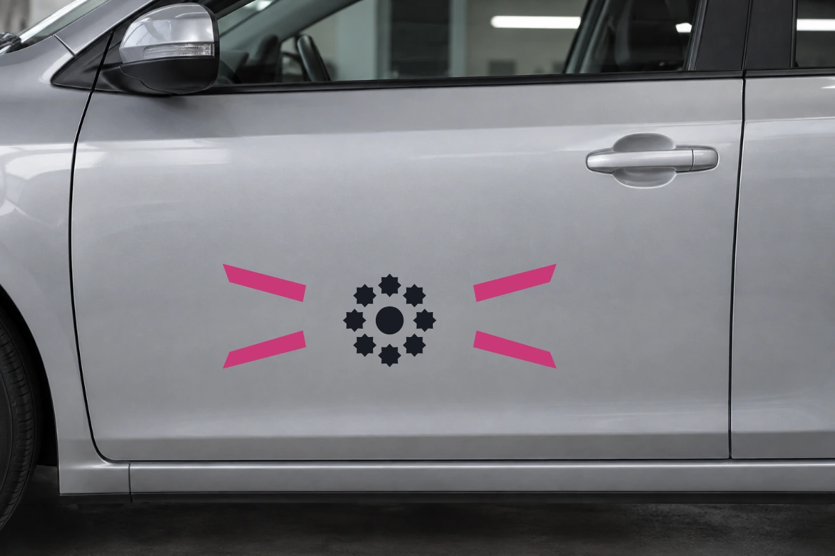 Margherita corsa - Vento laterale | Adesivo tuning decorativo - simulazione fotografica di posa dello stesso disegno vettoriale, colori e proporzioni fedeli; scala ambientata indicativa