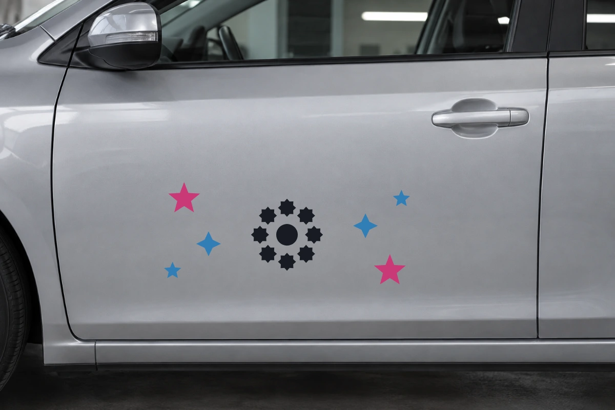 Margherita corsa - Costellazione | Adesivo tuning decorativo - simulazione fotografica di posa dello stesso disegno vettoriale, colori e proporzioni fedeli; scala ambientata indicativa
