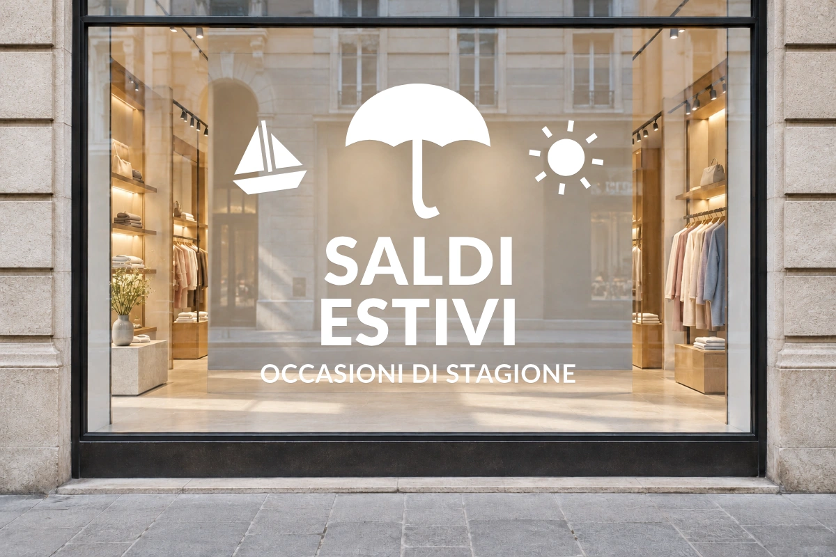 Ombrellone convenienza - Emblema centrale - SALDI ESTIVI - stesso adesivo sulla vetrina; scala indicativa