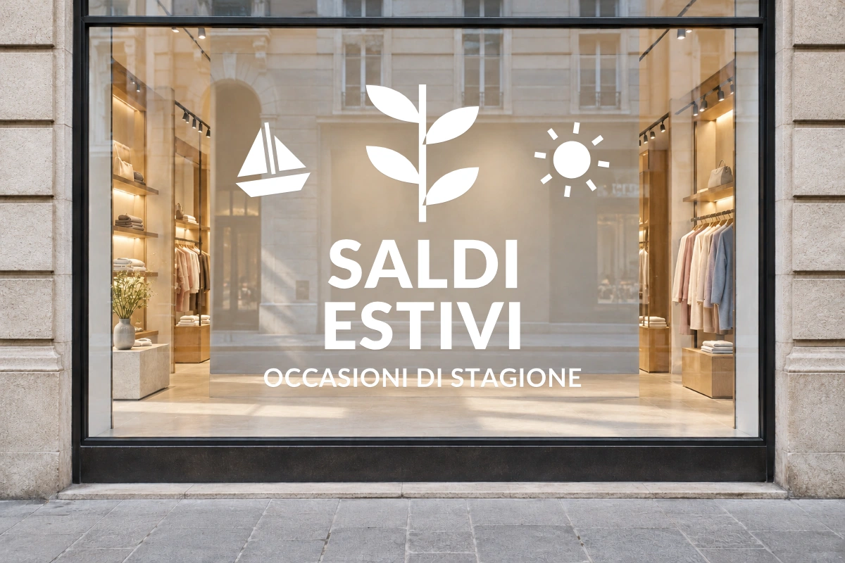 Foglie tropicali - Emblema centrale - SALDI ESTIVI - stesso adesivo sulla vetrina; scala indicativa
