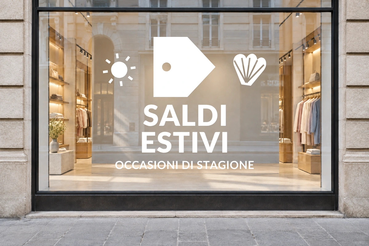 Cartellino solare - Emblema centrale - SALDI ESTIVI - stesso adesivo sulla vetrina; scala indicativa