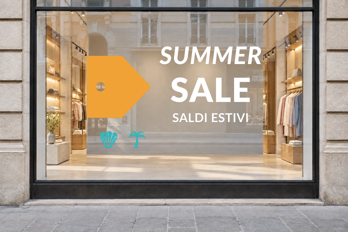 Cartellino solare - Insegna laterale - SUMMER SALE - stesso adesivo sulla vetrina; scala indicativa
