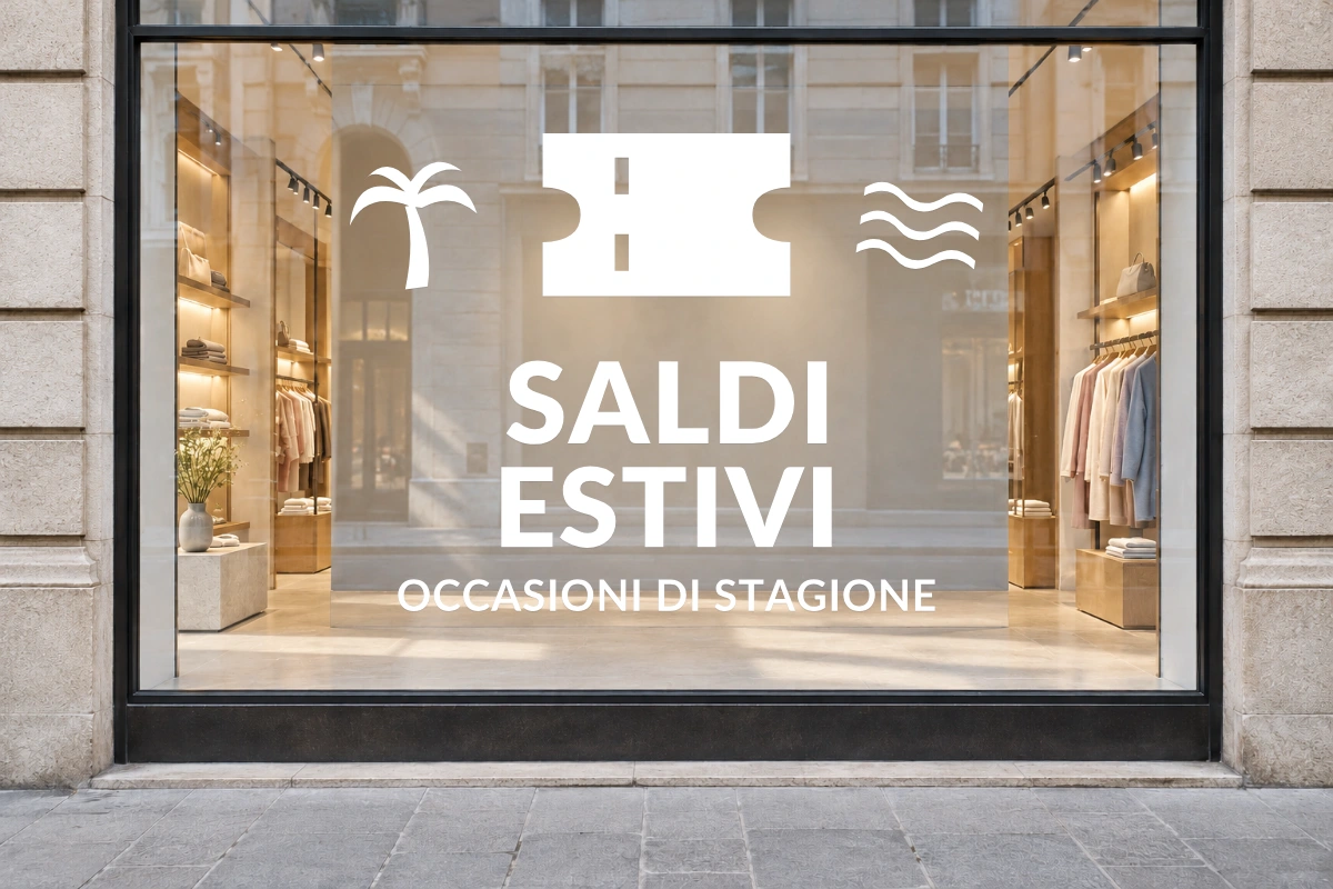 Biglietto vacanze - Emblema centrale - SALDI ESTIVI - stesso adesivo sulla vetrina; scala indicativa