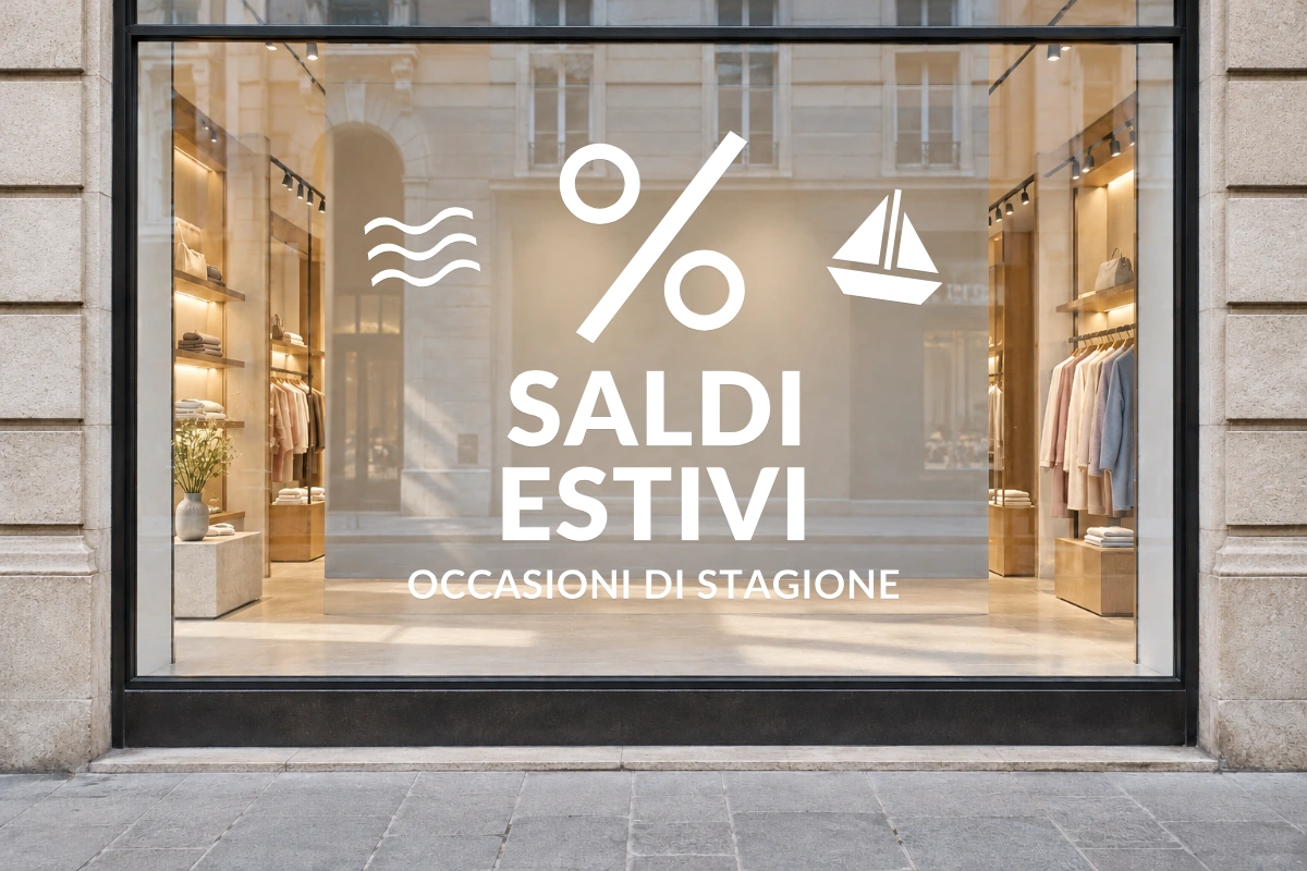 Percentuale estiva - Emblema centrale - SALDI ESTIVI - stesso adesivo sulla vetrina; scala indicativa