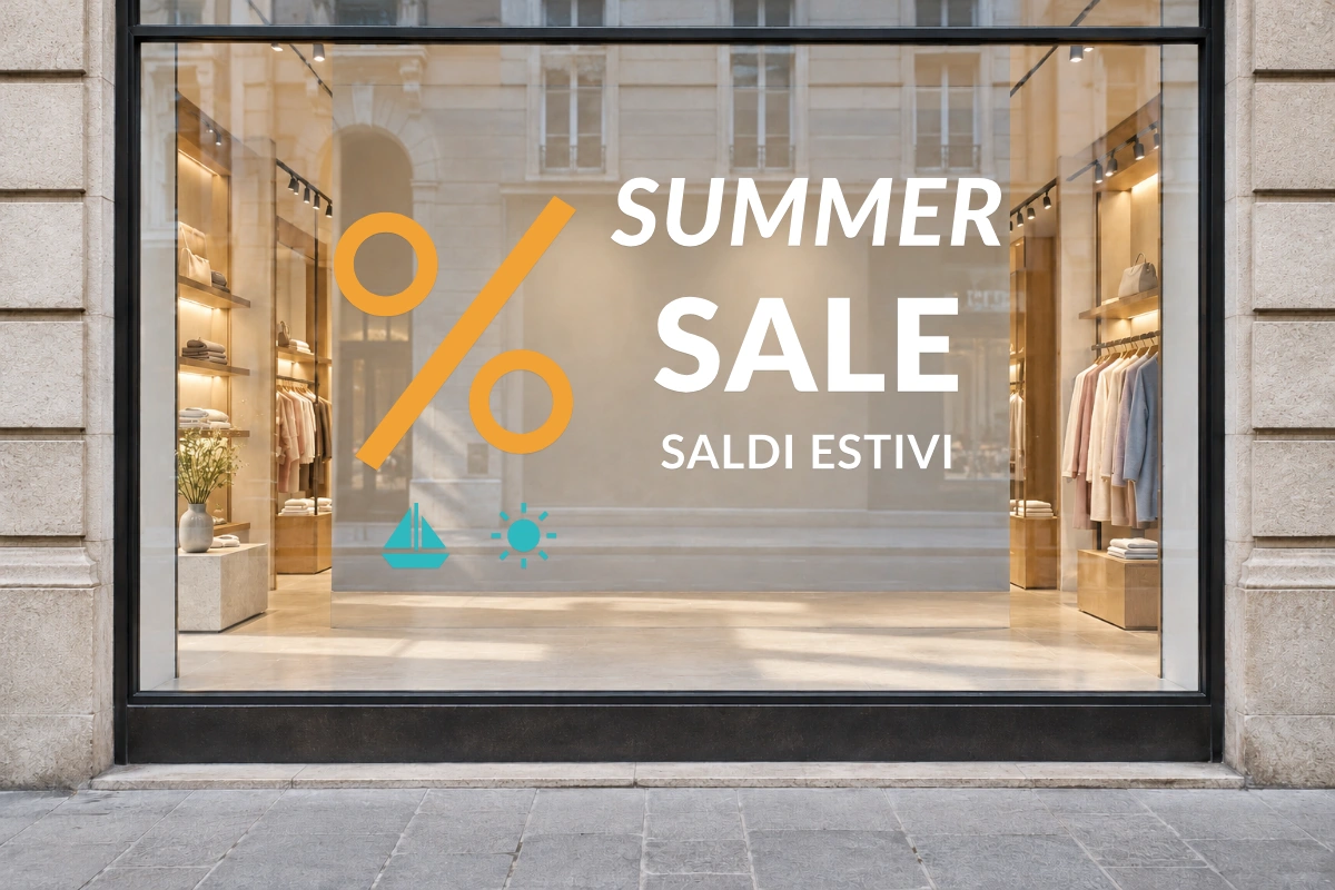 Percentuale estiva - Insegna laterale - SUMMER SALE - stesso adesivo sulla vetrina; scala indicativa