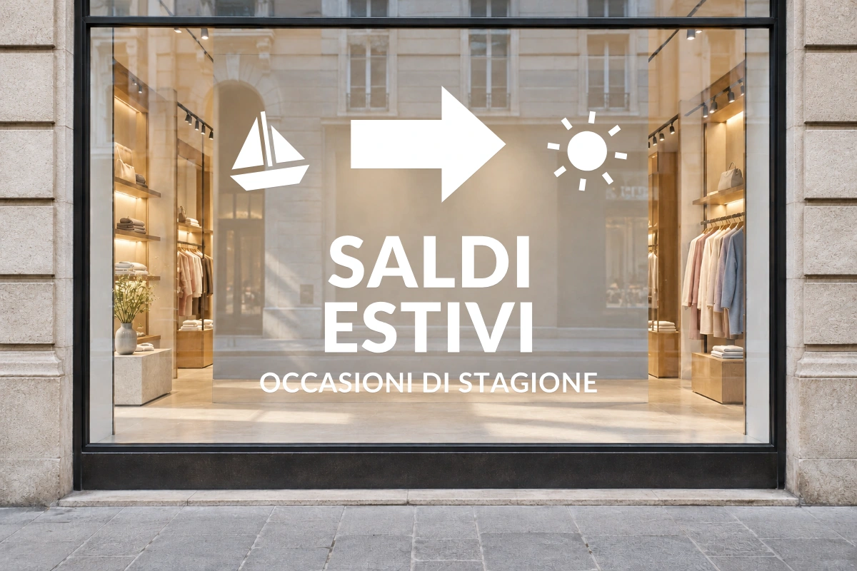 Direzione estate - Emblema centrale - SALDI ESTIVI - stesso adesivo sulla vetrina; scala indicativa