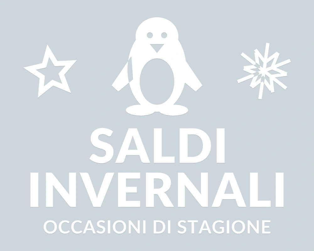 Pinguino dei saldi - Emblema centrale - SALDI INVERNALI | Adesivo vetrina prespaziato