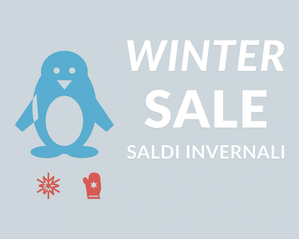 Pinguino dei saldi - Insegna laterale - WINTER SALE | Adesivo vetrina prespaziato