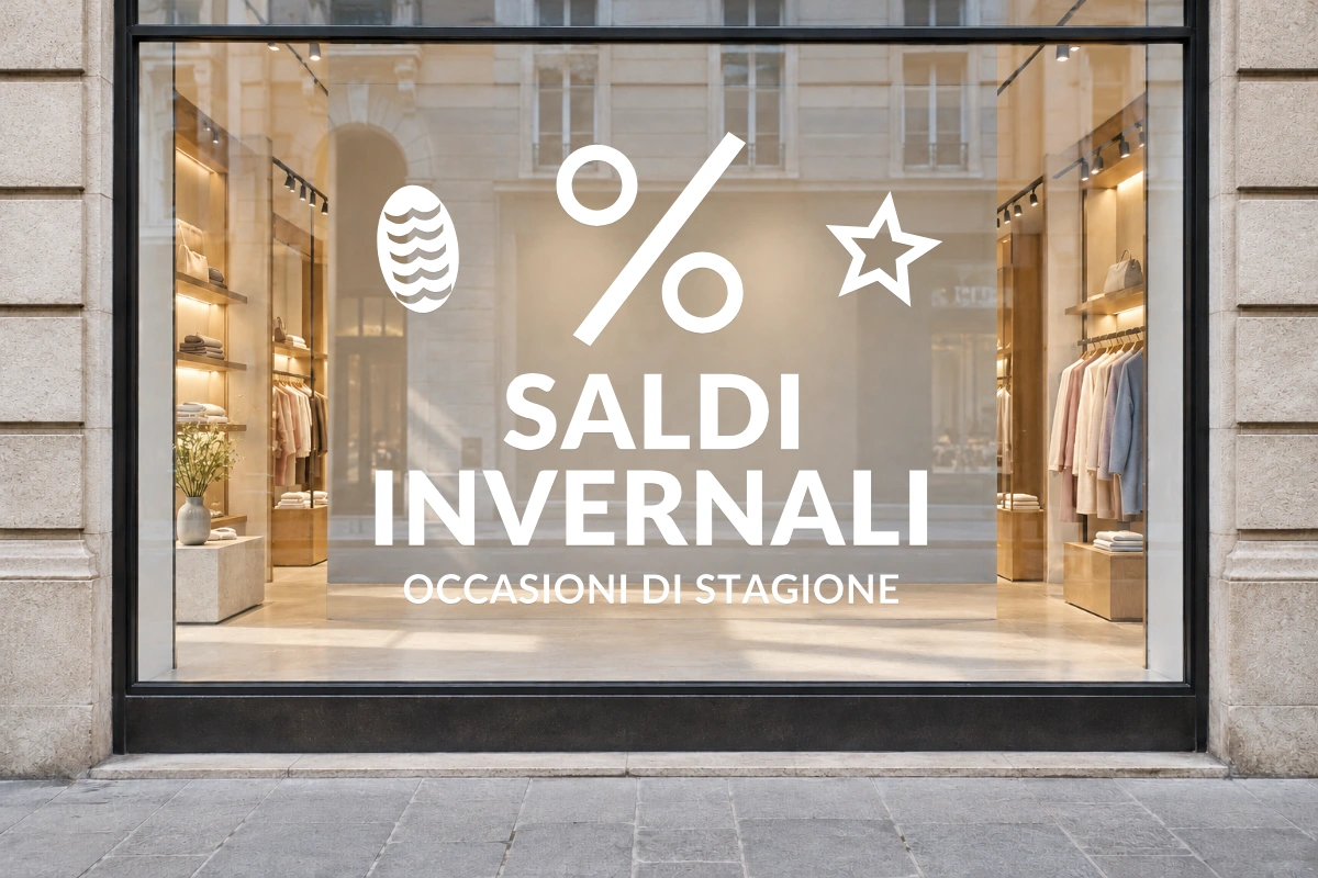 Percentuale polare - Emblema centrale - SALDI INVERNALI - stesso adesivo sulla vetrina; scala indicativa