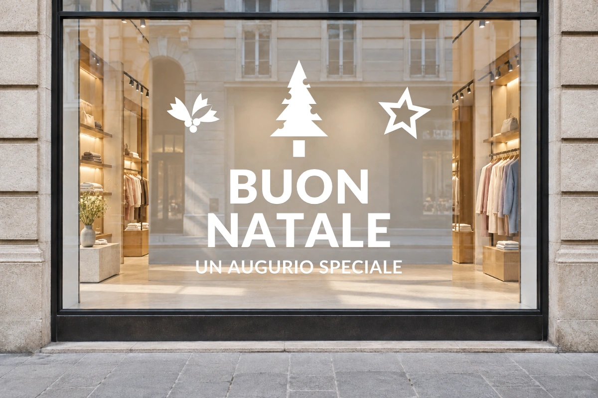 Abete traforato - Emblema centrale - BUON NATALE - stesso adesivo sulla vetrina; scala indicativa