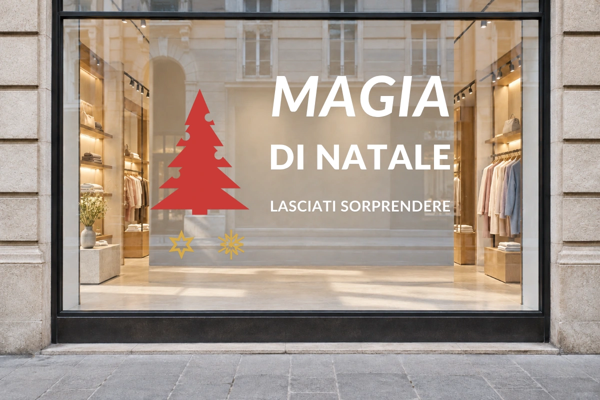 Abete traforato - Insegna laterale - MAGIA DI NATALE - stesso adesivo sulla vetrina; scala indicativa
