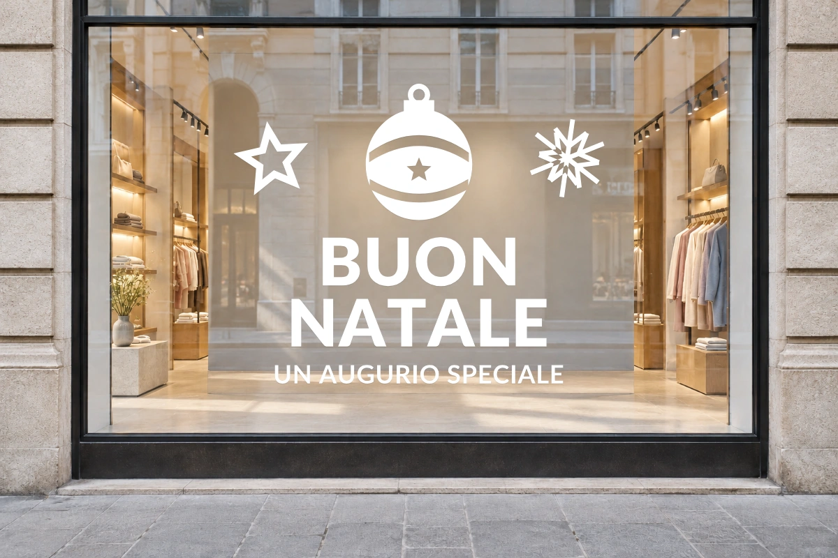 Sfera delle meraviglie - Emblema centrale - BUON NATALE - stesso adesivo sulla vetrina; scala indicativa