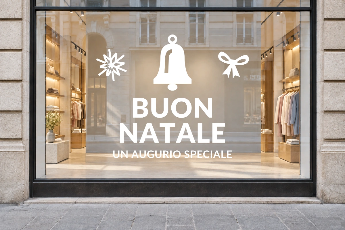 Campana del mattino - Emblema centrale - BUON NATALE - stesso adesivo sulla vetrina; scala indicativa