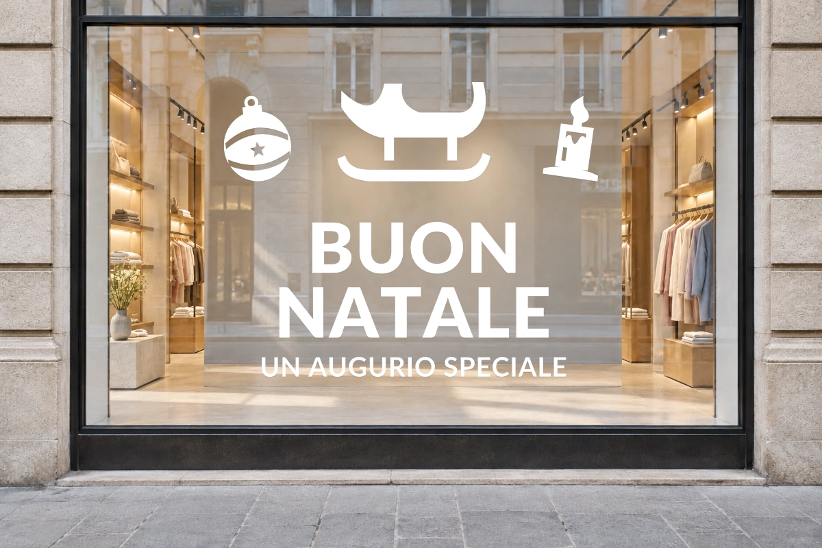 Slitta dei desideri - Emblema centrale - BUON NATALE - stesso adesivo sulla vetrina; scala indicativa