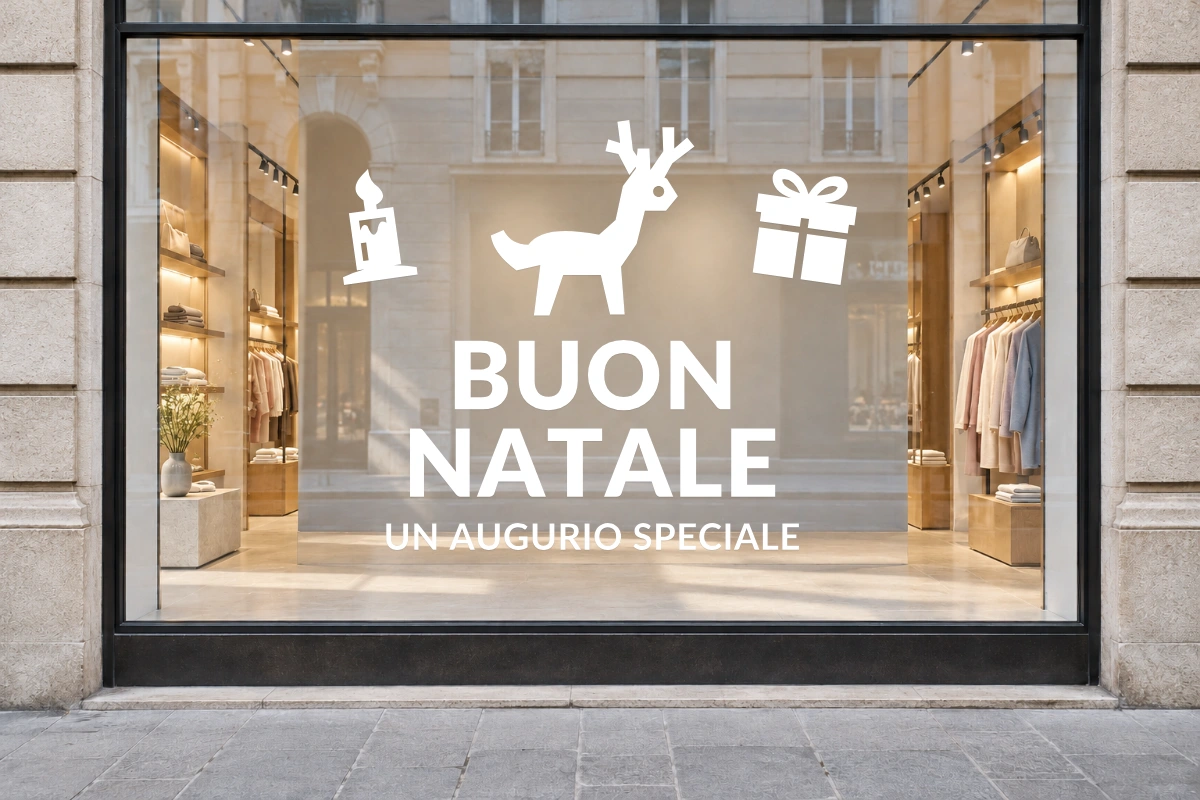 Renna del bosco - Emblema centrale - BUON NATALE - stesso adesivo sulla vetrina; scala indicativa