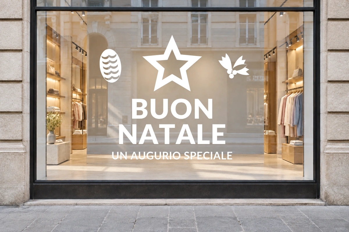 Stella a intarsio - Emblema centrale - BUON NATALE - stesso adesivo sulla vetrina; scala indicativa