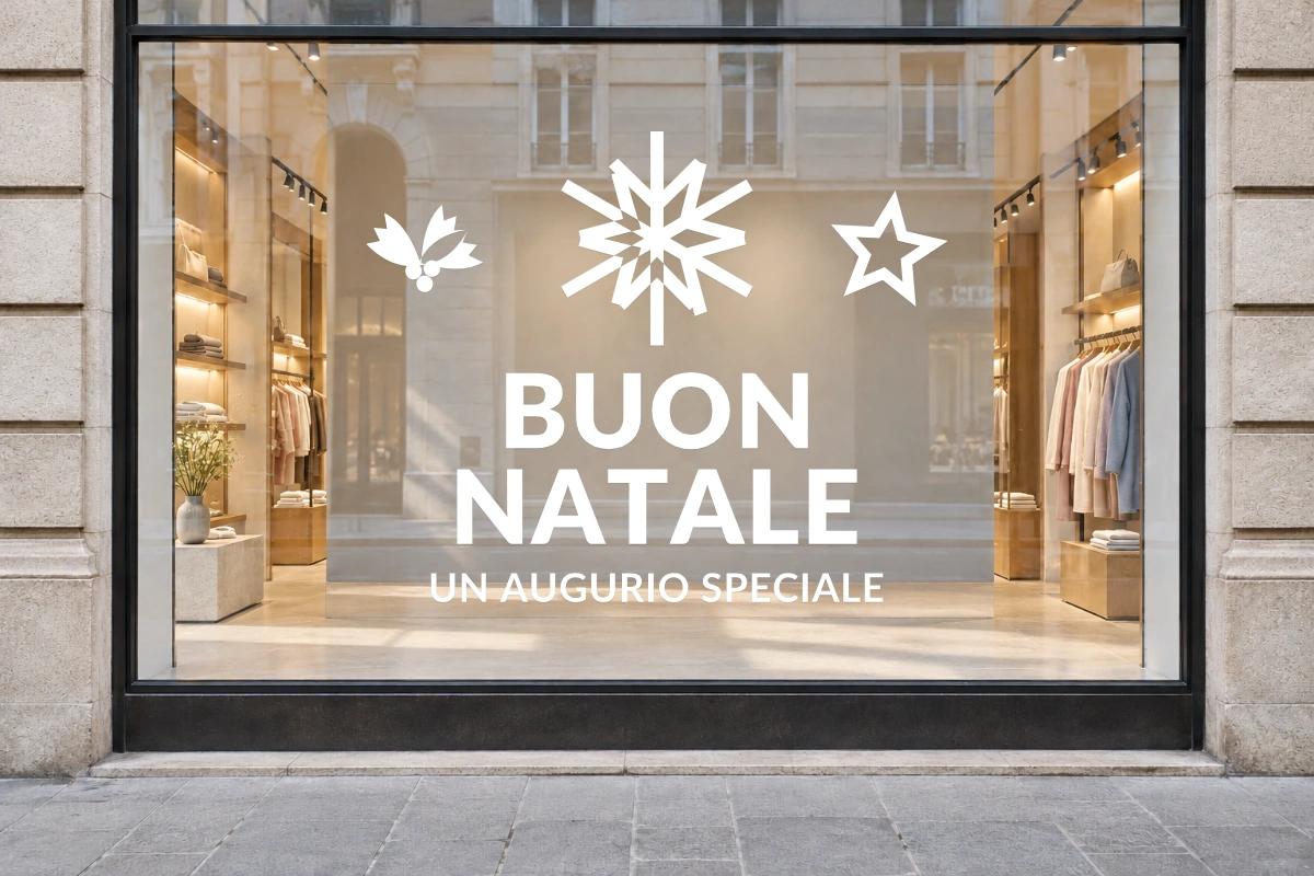 Cristallo delle feste - Emblema centrale - BUON NATALE - stesso adesivo sulla vetrina; scala indicativa