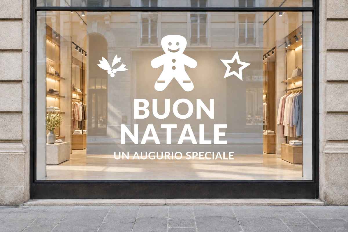 Biscotto sorridente - Emblema centrale - BUON NATALE - stesso adesivo sulla vetrina; scala indicativa