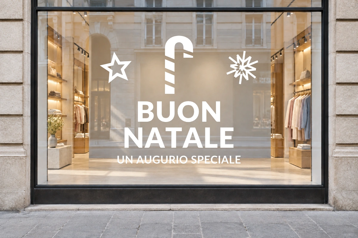 Bastoncino a righe - Emblema centrale - BUON NATALE - stesso adesivo sulla vetrina; scala indicativa