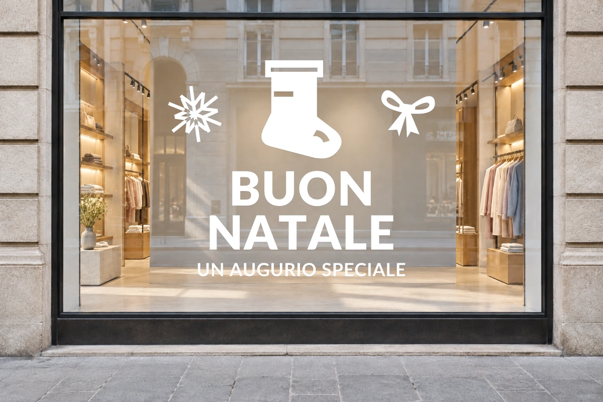 Calza delle sorprese - Emblema centrale - BUON NATALE - stesso adesivo sulla vetrina; scala indicativa