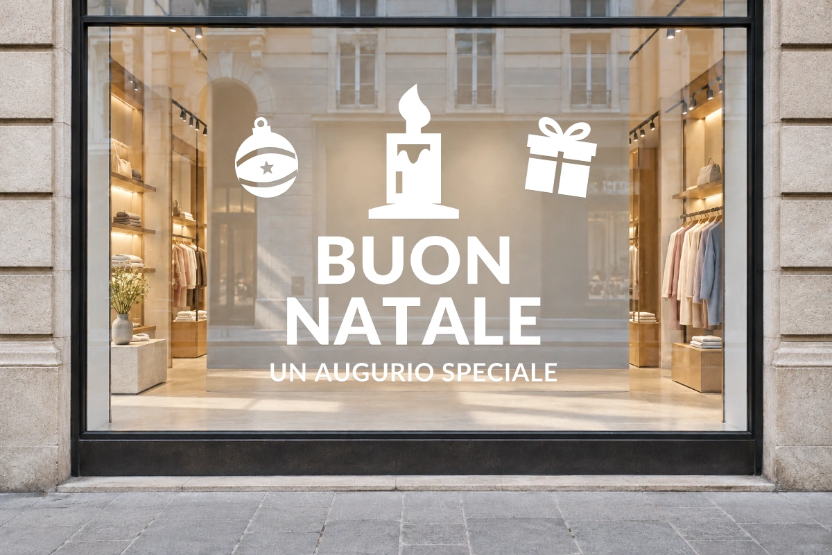 Candela del benvenuto - Emblema centrale - BUON NATALE - stesso adesivo sulla vetrina; scala indicativa