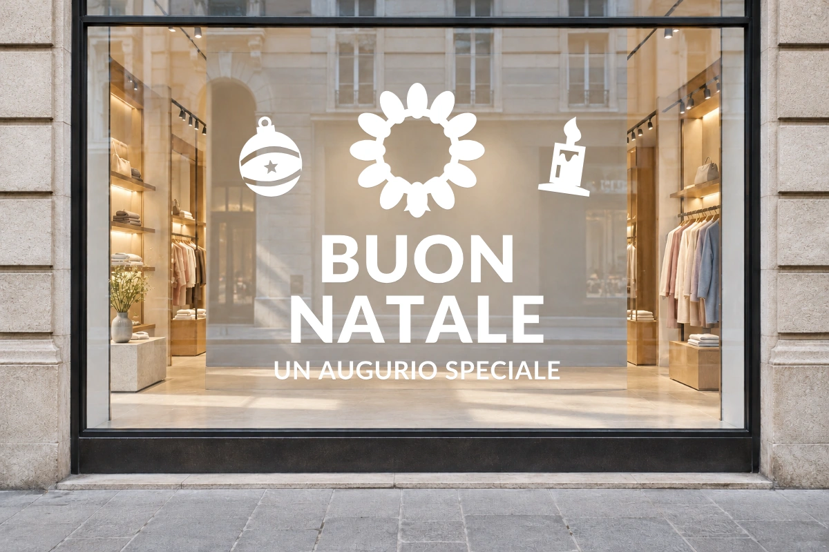 Ghirlanda di foglie - Emblema centrale - BUON NATALE - stesso adesivo sulla vetrina; scala indicativa