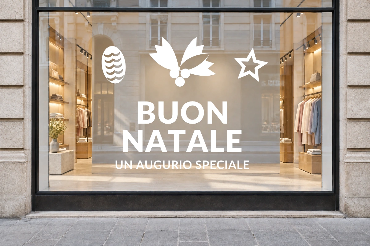 Agrifoglio e bacche - Emblema centrale - BUON NATALE - stesso adesivo sulla vetrina; scala indicativa