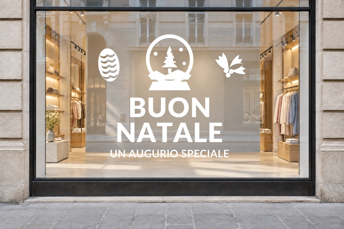 Paesaggio nella sfera - Emblema centrale - BUON NATALE - stesso adesivo sulla vetrina; scala indicativa