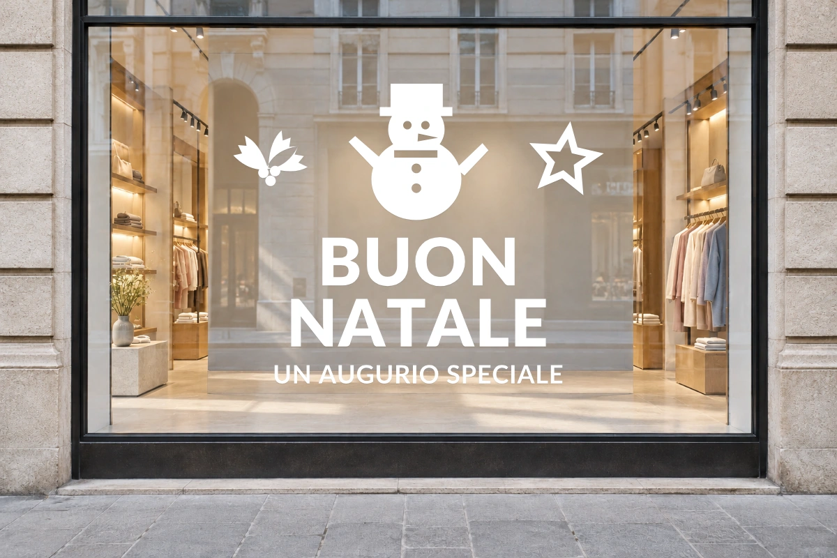 Pupazzo con cilindro - Emblema centrale - BUON NATALE - stesso adesivo sulla vetrina; scala indicativa