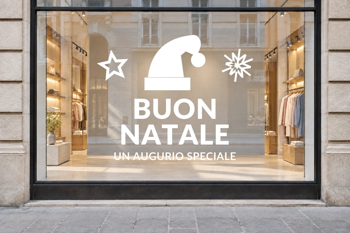 Cappello delle feste - Emblema centrale - BUON NATALE - stesso adesivo sulla vetrina; scala indicativa